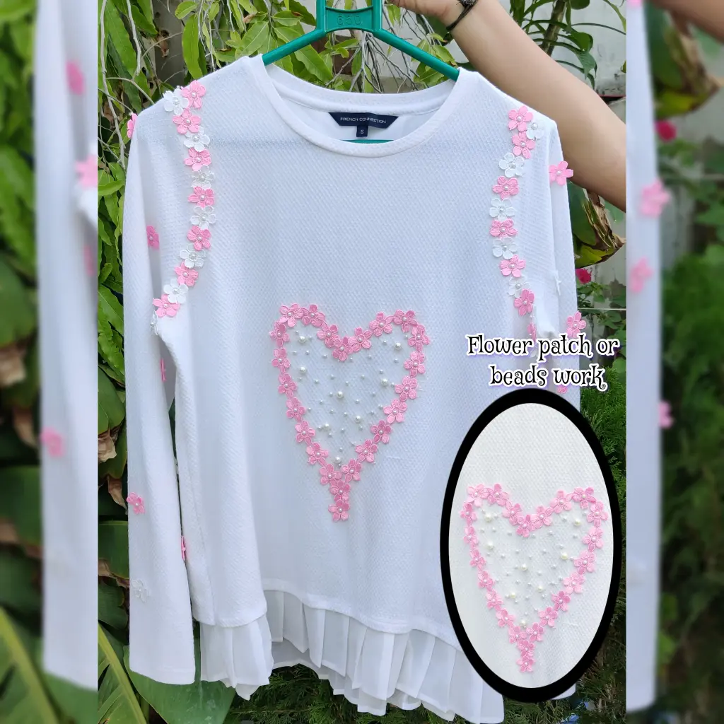 Flower patch beads work white top for women