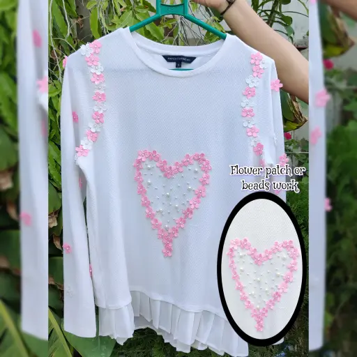 Flower patch beads work white top for women